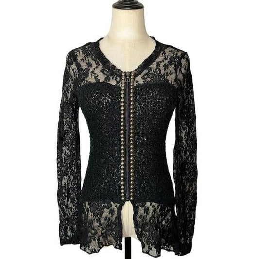 Unbranded Lace Zip Up Top Womens S Black Studded Boucle Y2K Goth Grunge