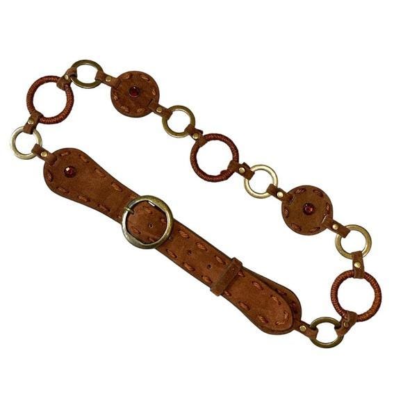 Unbranded Chain Link Belt Women M/L Brown Fair Boho Gemstone Whipstitch Y2K