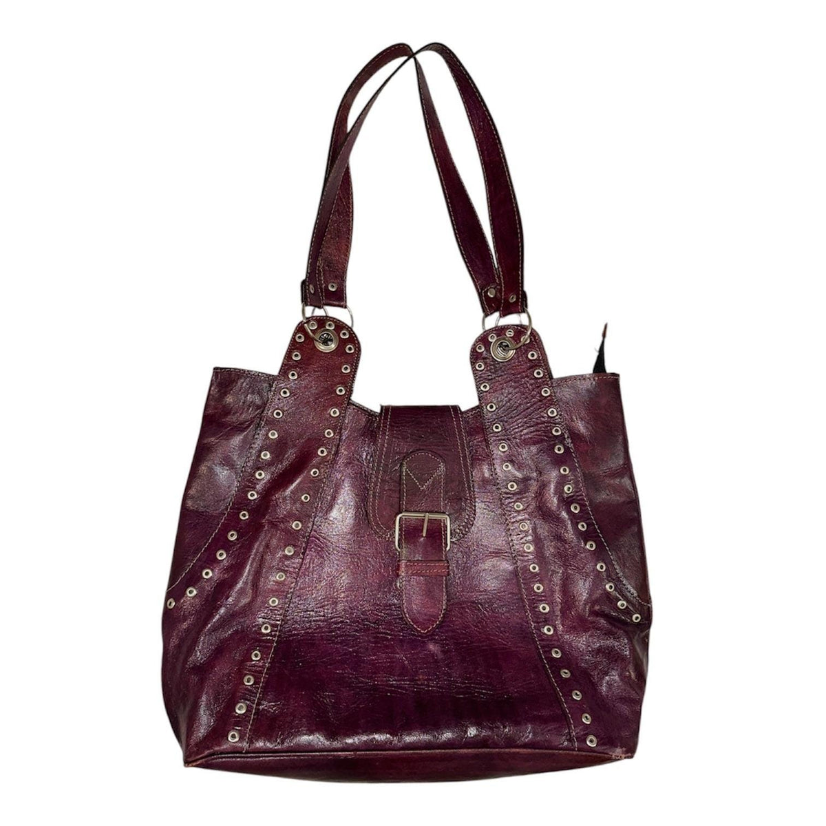 Unbranded Leather Studded Tote Bag Women Large Burgundy Y2K Boho 2000s