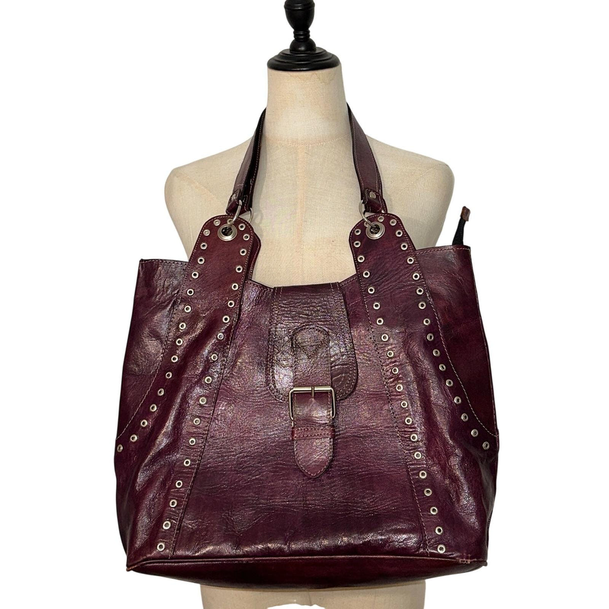 Unbranded Leather Studded Tote Bag Women Large Burgundy Y2K Boho 2000s