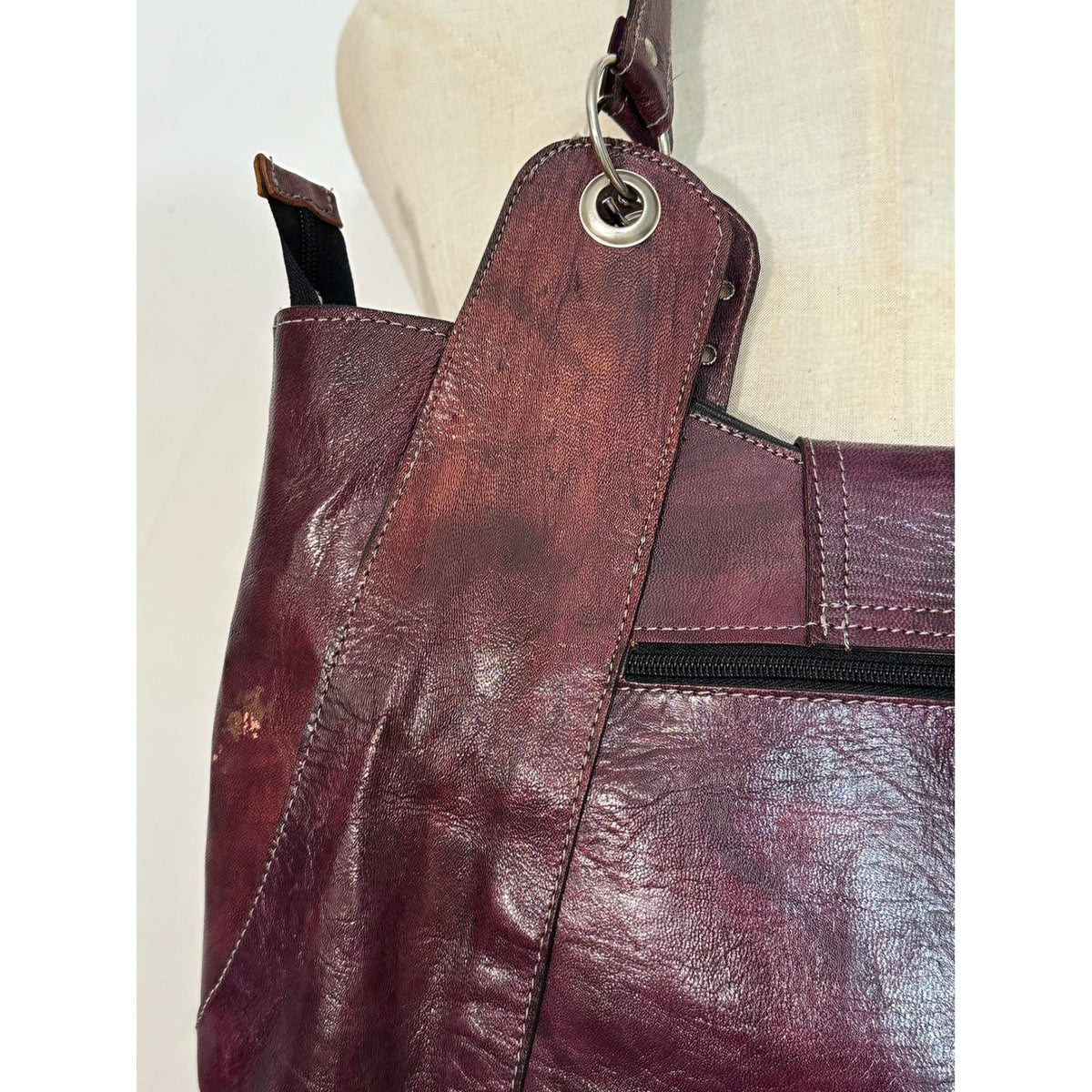 Unbranded Leather Studded Tote Bag Women Large Burgundy Y2K Boho 2000s