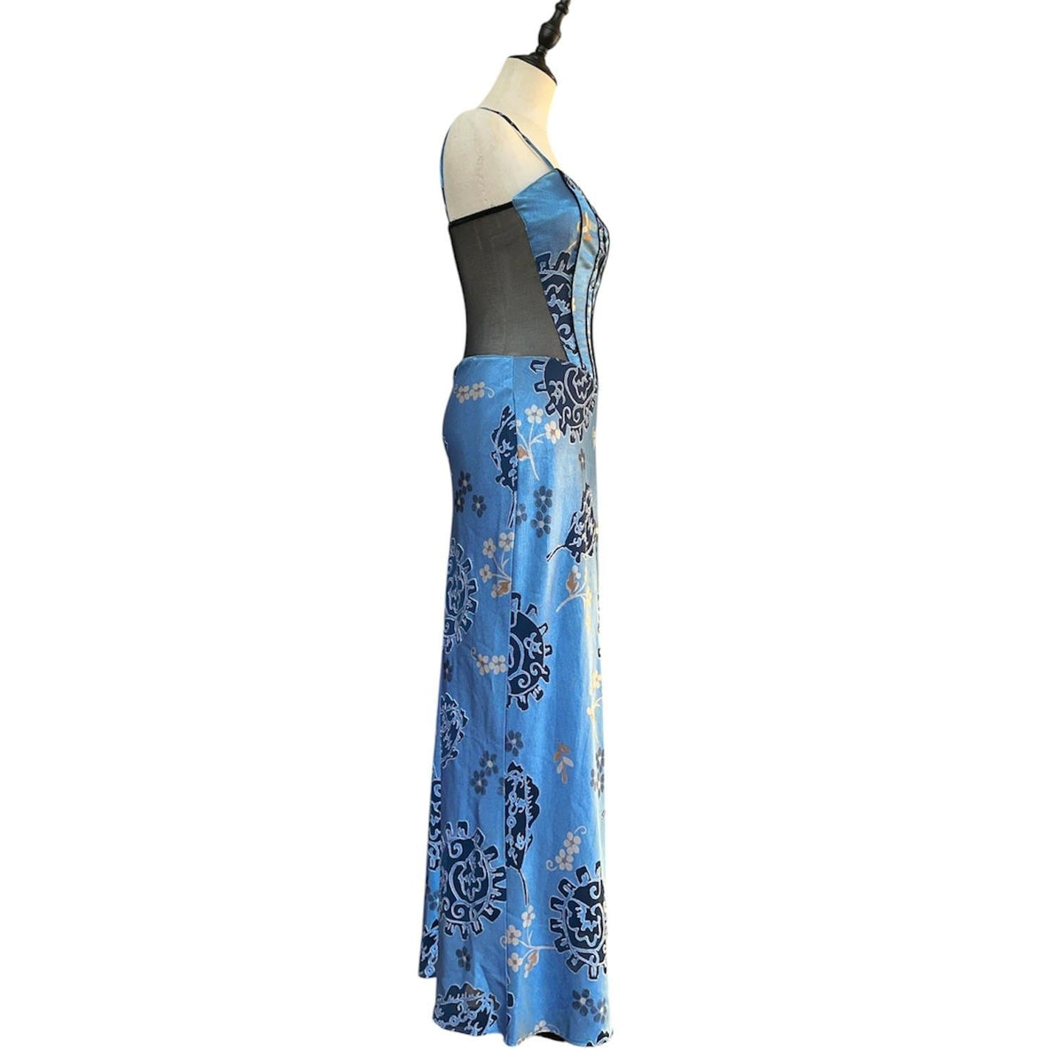 Georgette Maxi Dress Women Small Blue Floral Mesh Corset Y2K Vintage 90s USA