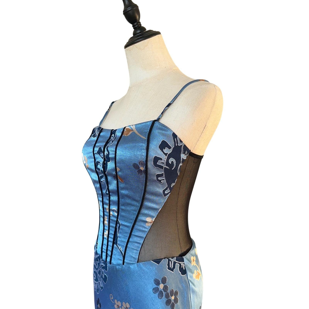 Georgette Maxi Dress Women Small Blue Floral Mesh Corset Y2K Vintage 90s USA