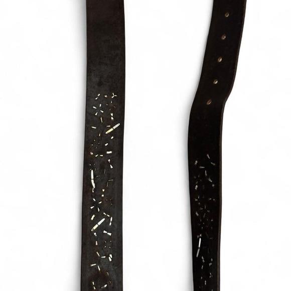 Studded Leather Belt Womens L Brown Mixed Metal Gemstone Y2K Boho Western 44in