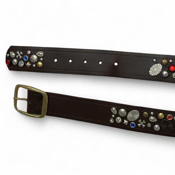 Studded Leather Belt Womens L Brown Mixed Metal Gemstone Y2K Boho Western 44in