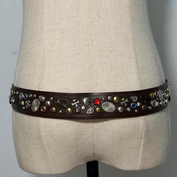 Studded Leather Belt Womens L Brown Mixed Metal Gemstone Y2K Boho Western 44in