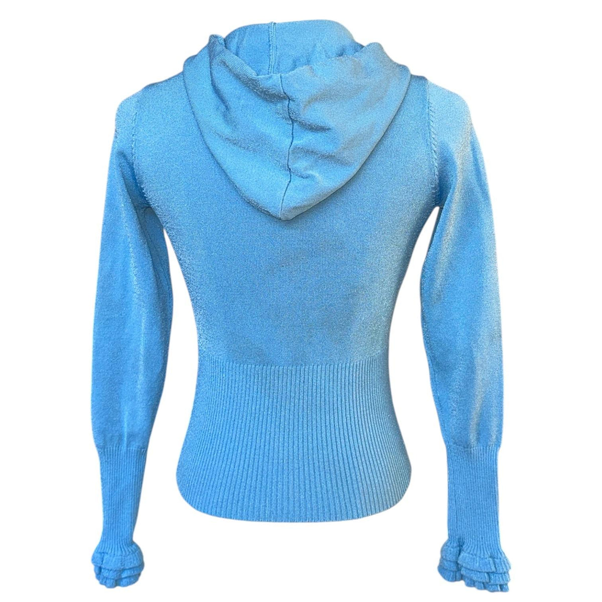 Bebe Zip Up Crop Hoodie Womens S Blue Rhinestone Ruffle Y2K Shimmer Knit 2000s