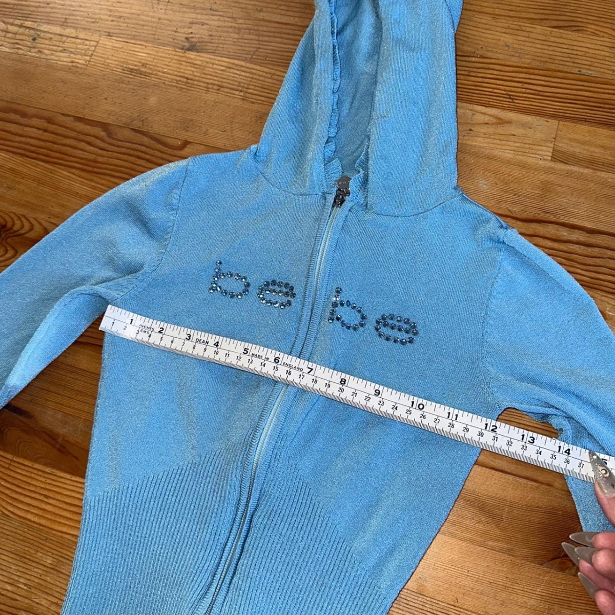 Bebe Zip Up Crop Hoodie Womens S Blue Rhinestone Ruffle Y2K Shimmer Knit 2000s