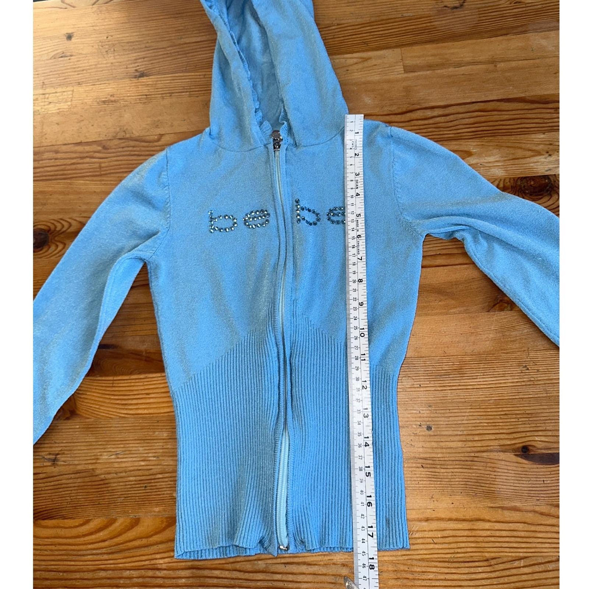 Bebe Zip Up Crop Hoodie Womens S Blue Rhinestone Ruffle Y2K Shimmer Knit 2000s