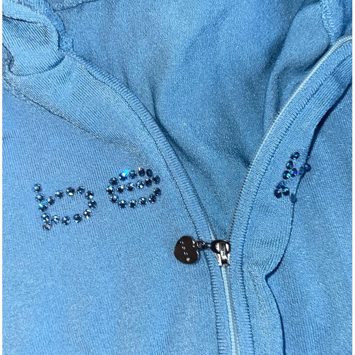 Bebe Zip Up Crop Hoodie Womens S Blue Rhinestone Ruffle Y2K Shimmer Knit 2000s