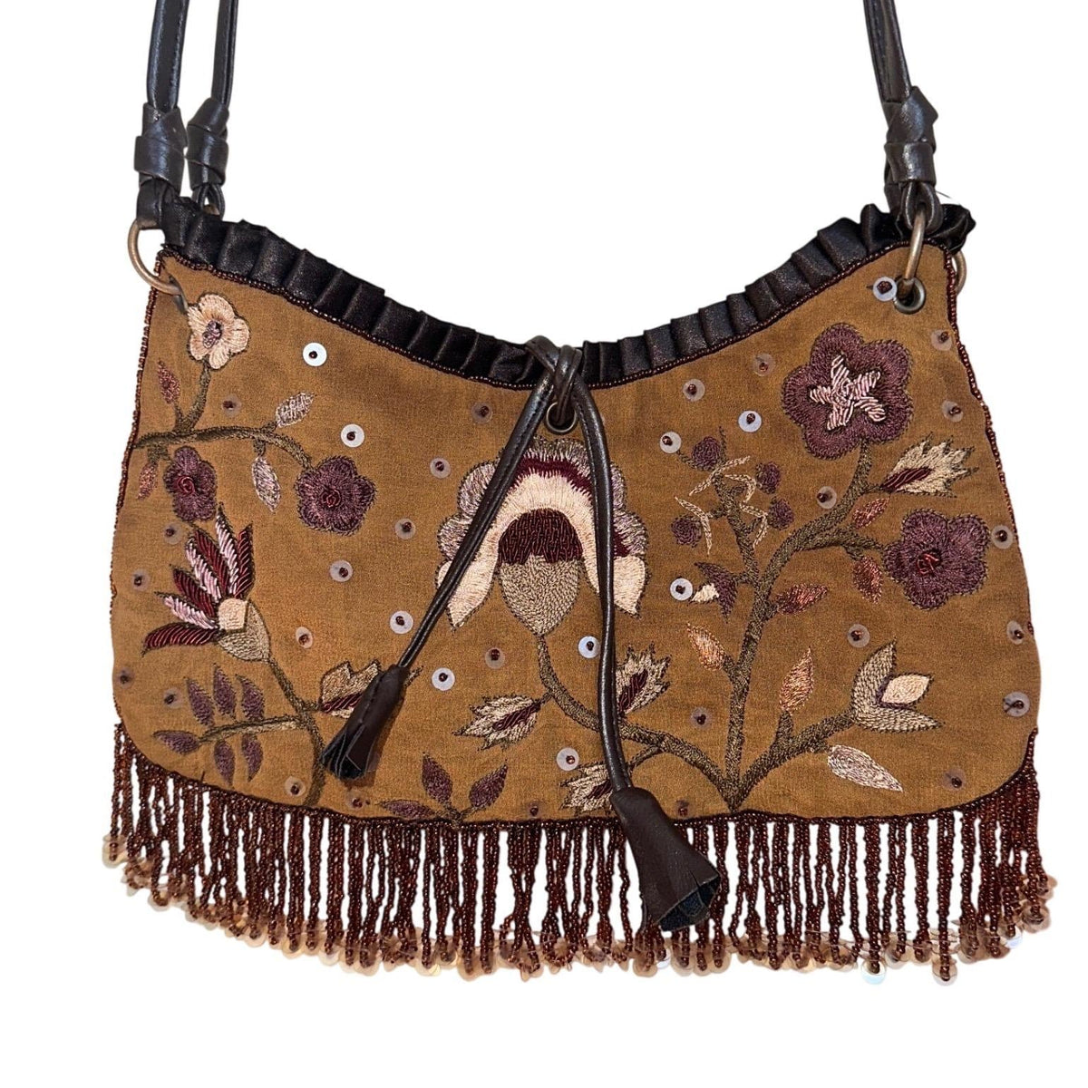 Express Floral Embroidered Beaded Fringe Shoulder Bag Women Brown Y2K Boho Small
