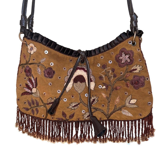 Express Floral Embroidered Beaded Fringe Shoulder Bag Women Brown Y2K Boho Small