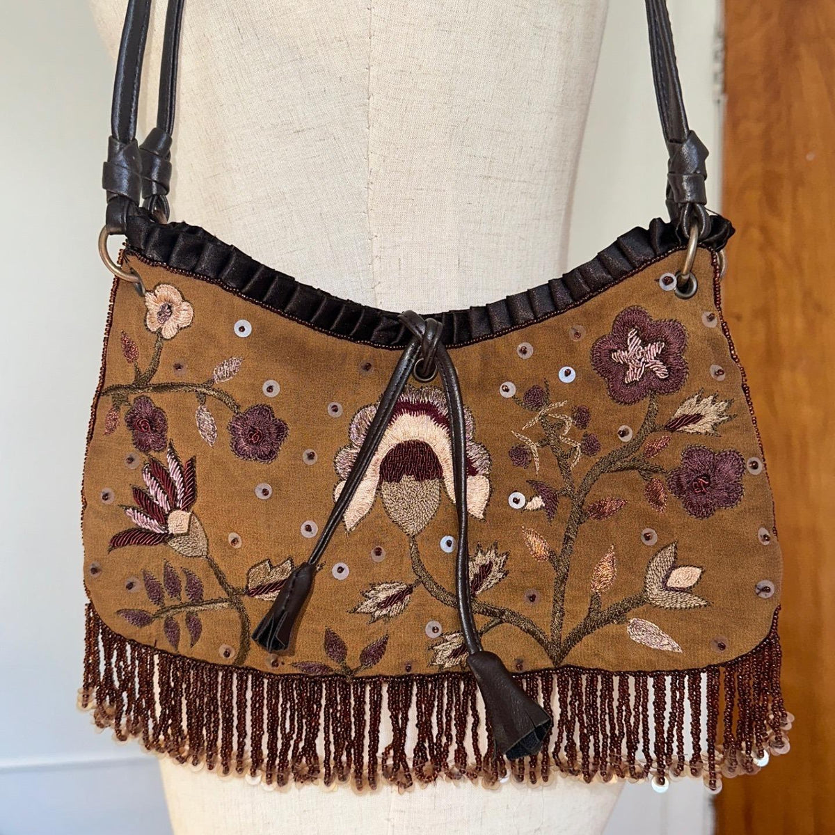 Express Floral Embroidered Beaded Fringe Shoulder Bag Women Brown Y2K Boho Small