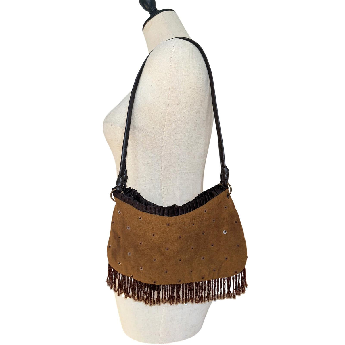 Express Floral Embroidered Beaded Fringe Shoulder Bag Women Brown Y2K Boho Small