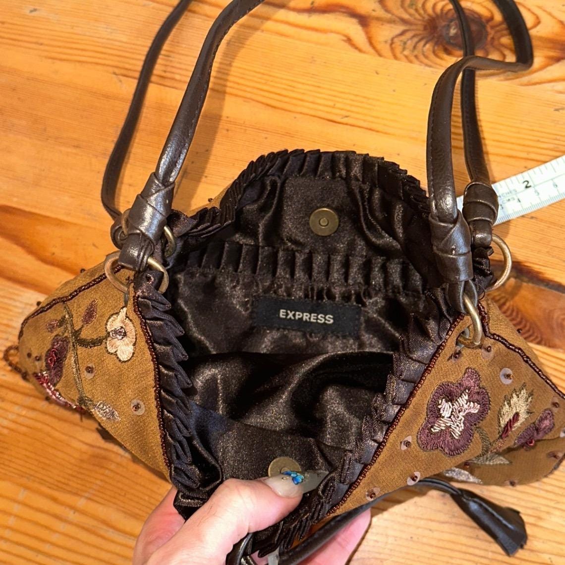 Express Floral Embroidered Beaded Fringe Shoulder Bag Women Brown Y2K Boho Small
