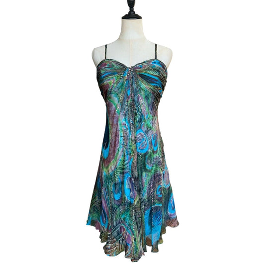 Tony Bowls Silk Peacock Print Dress Women 16 Blue Green Beaded Y2K Cocktail Prom