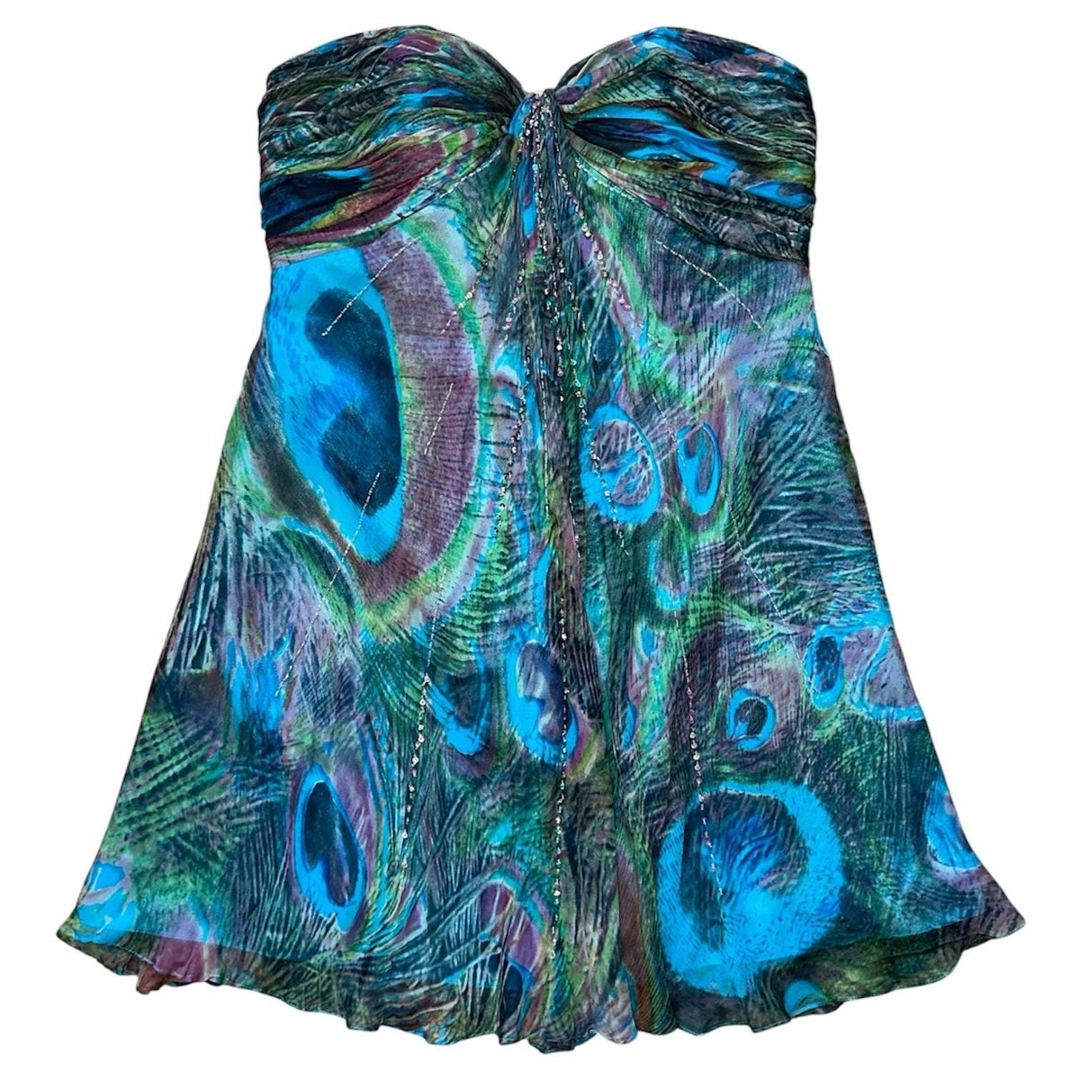 Tony Bowls Silk Peacock Print Dress Women 16 Blue Green Beaded Y2K Cocktail Prom