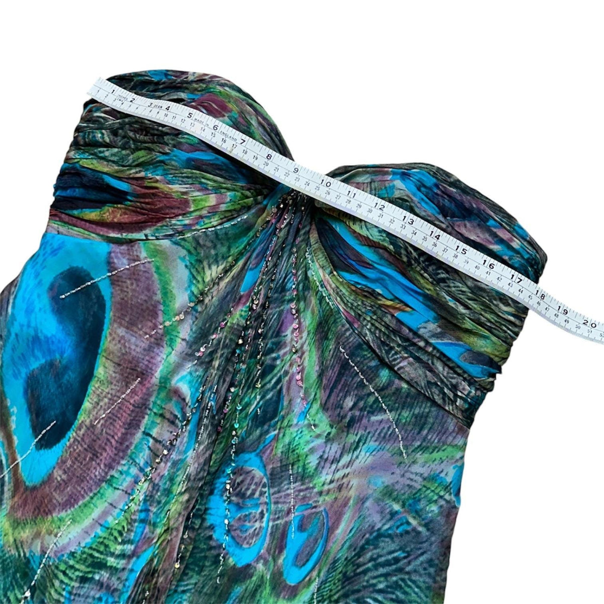 Tony Bowls Silk Peacock Print Dress Women 16 Blue Green Beaded Y2K Cocktail Prom