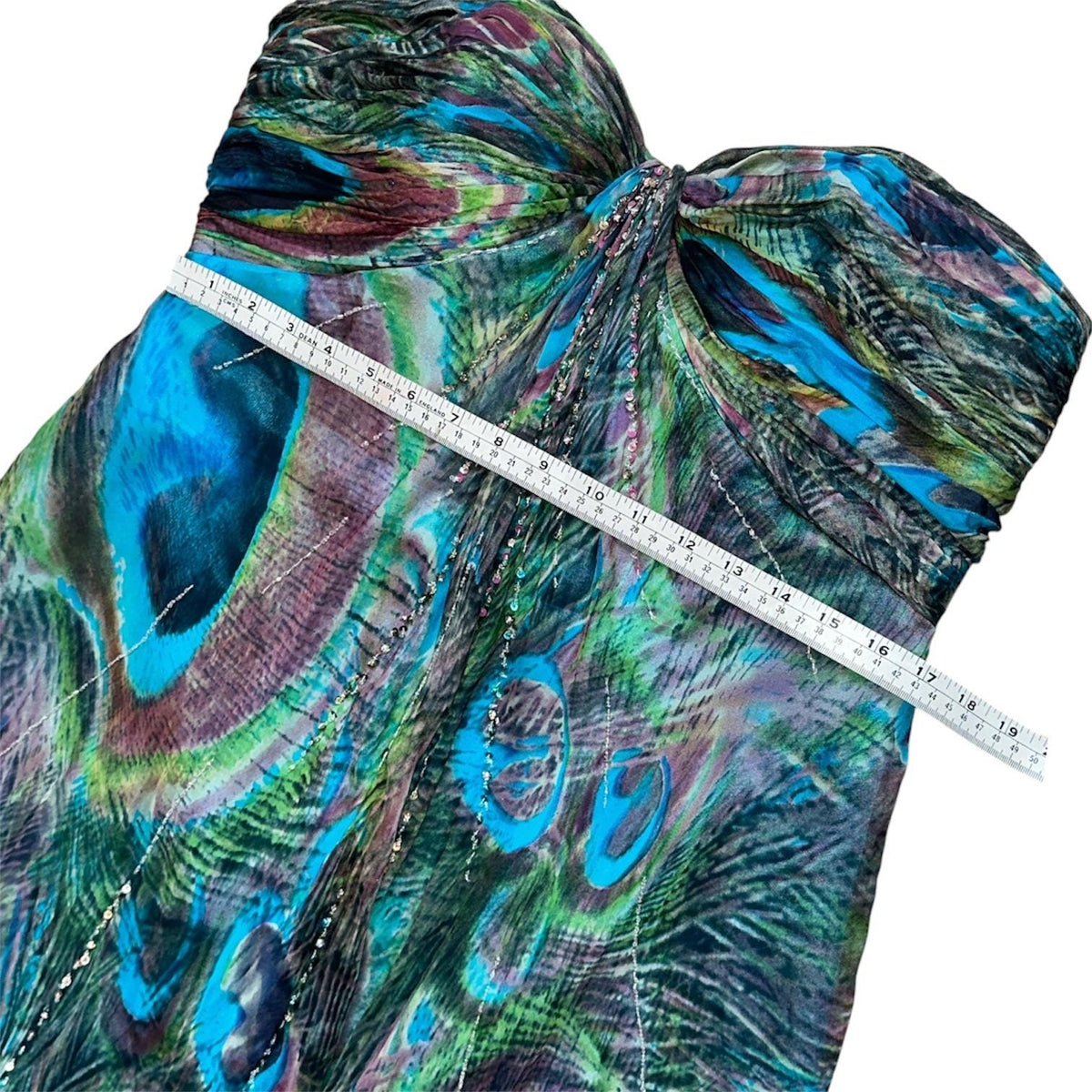 Tony Bowls Silk Peacock Print Dress Women 16 Blue Green Beaded Y2K Cocktail Prom