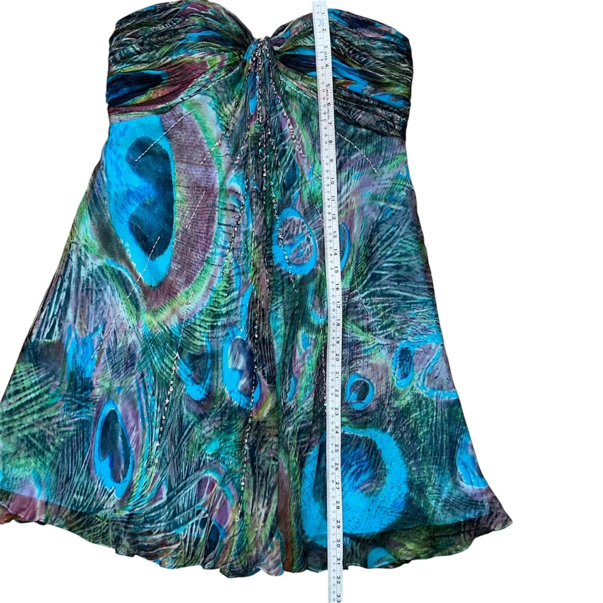 Tony Bowls Silk Peacock Print Dress Women 16 Blue Green Beaded Y2K Cocktail Prom