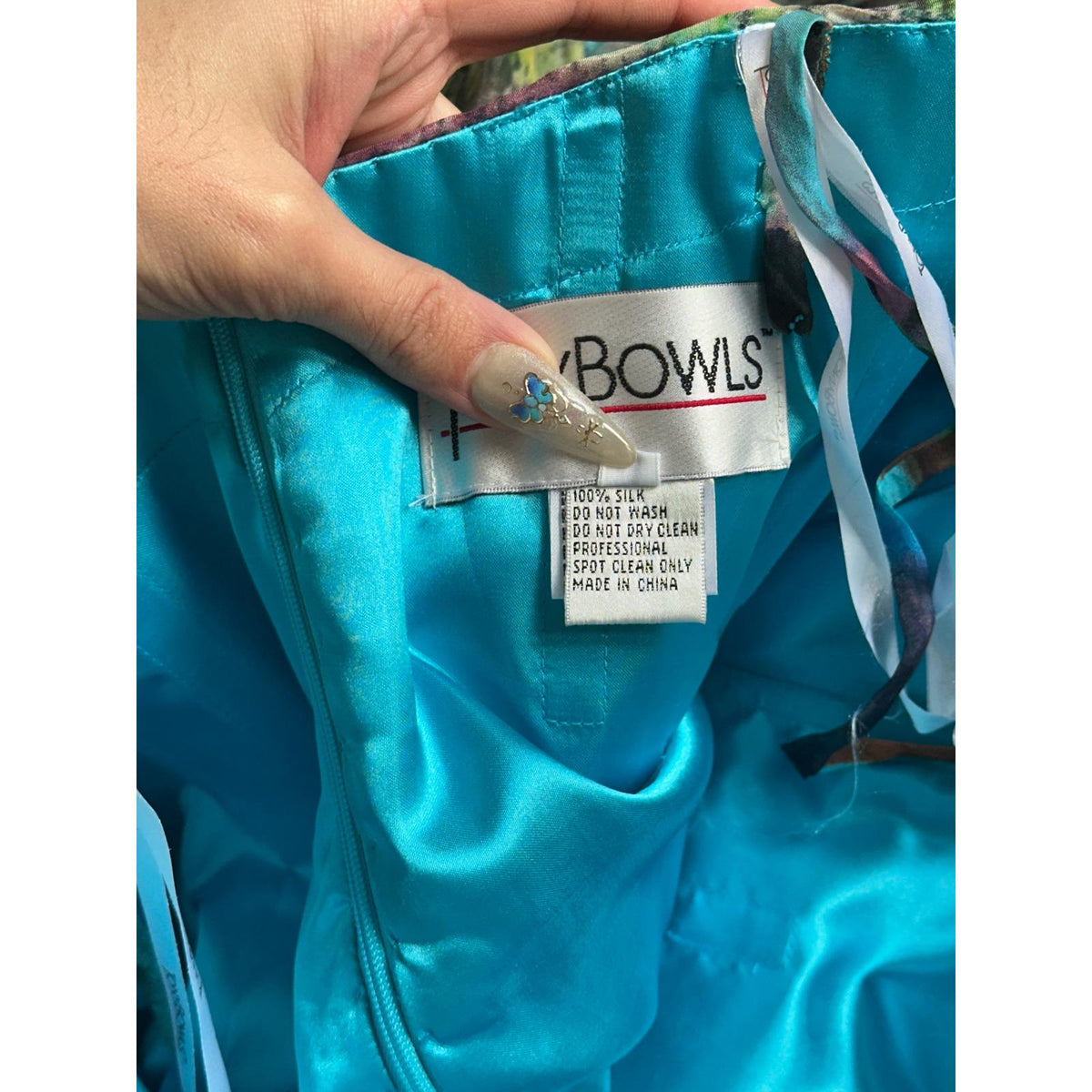 Tony Bowls Silk Peacock Print Dress Women 16 Blue Green Beaded Y2K Cocktail Prom