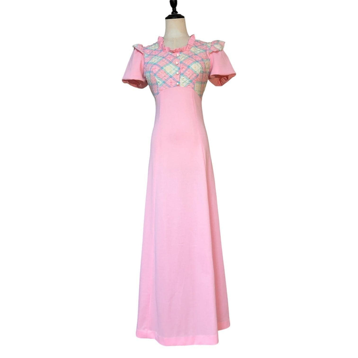 Vintage Maxi Dress Women Size 9/10 Pink Plaid Quilted Prairie Cottagecore 70s