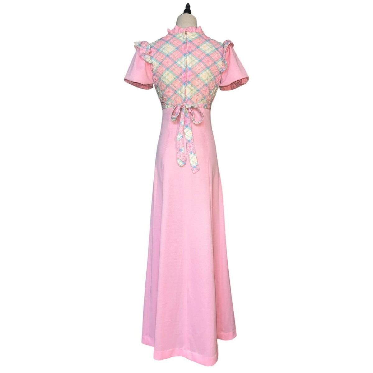 Vintage Maxi Dress Women Size 9/10 Pink Plaid Quilted Prairie Cottagecore 70s