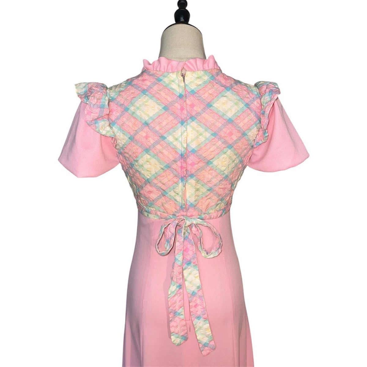 Vintage Maxi Dress Women Size 9/10 Pink Plaid Quilted Prairie Cottagecore 70s