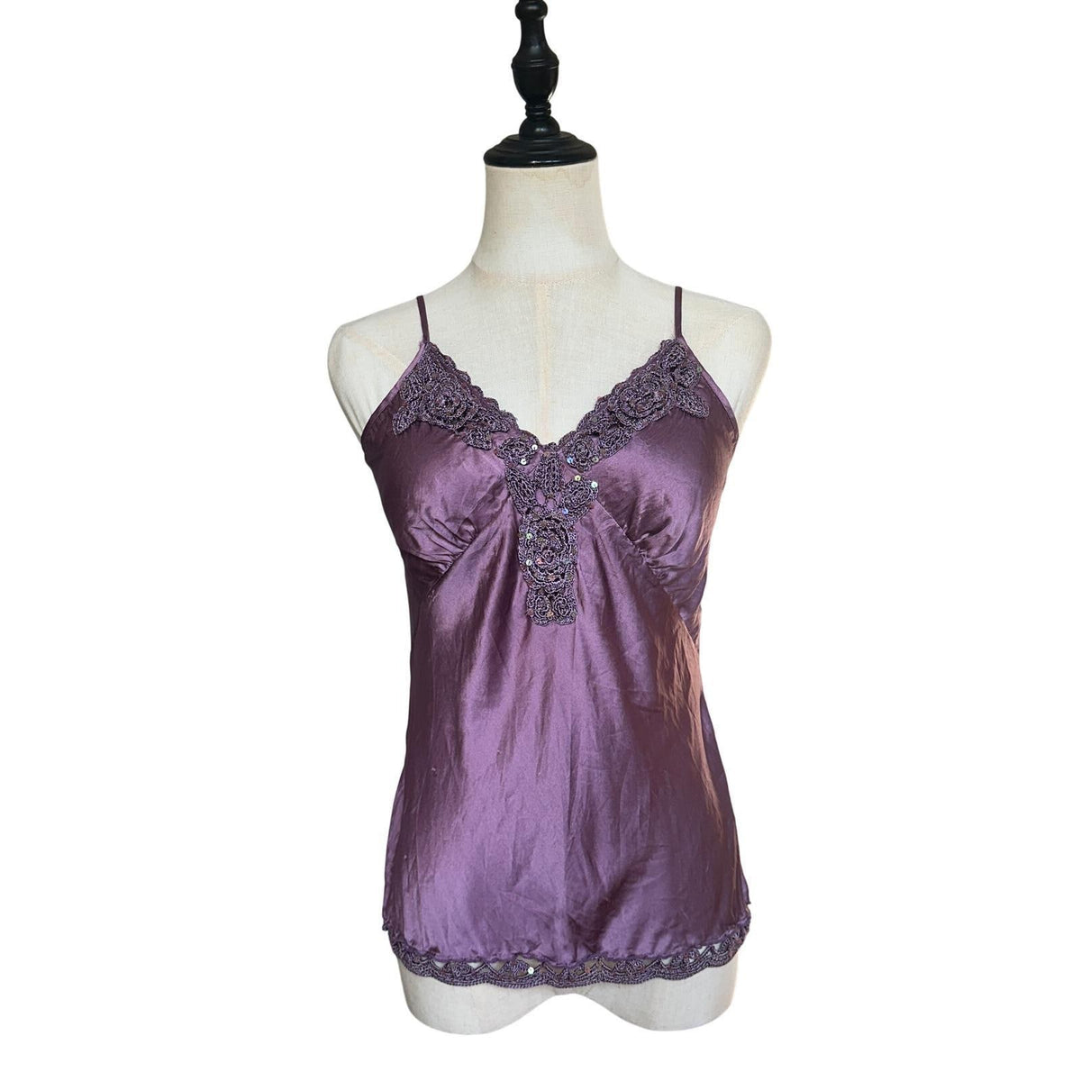 Hale Bob Silk Camisole Women M Purple Crochet Sequin Lace Trim Y2K Cami Top
