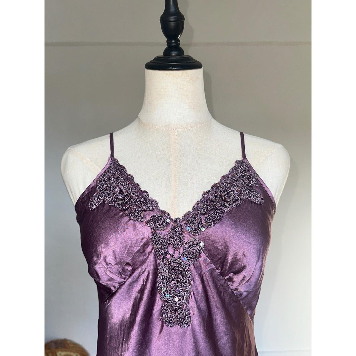Hale Bob Silk Camisole Women M Purple Crochet Sequin Lace Trim Y2K Cami Top