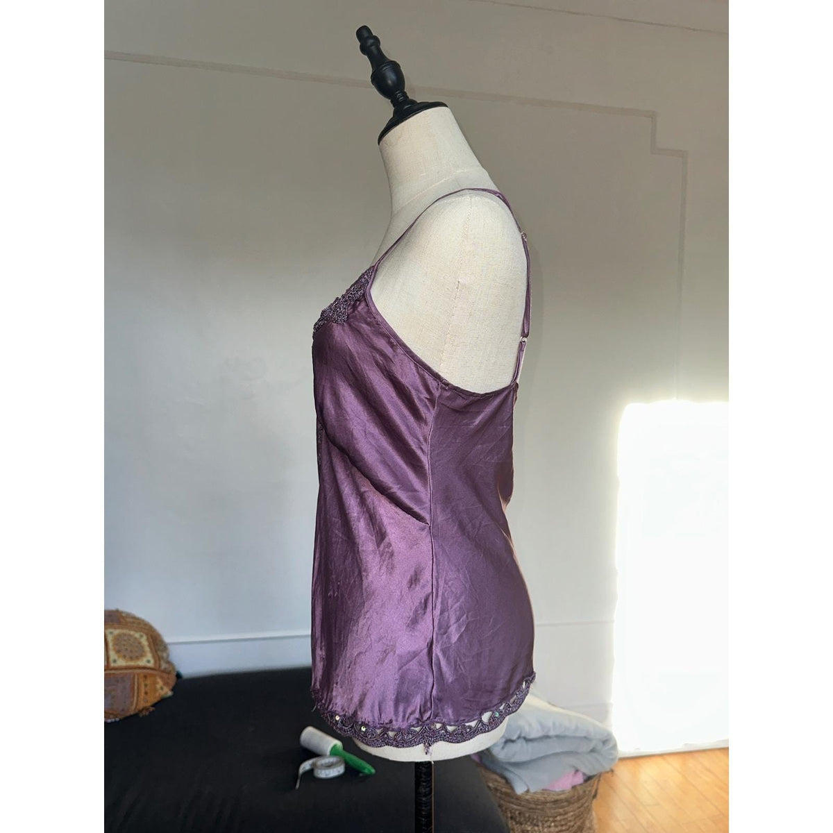 Hale Bob Silk Camisole Women M Purple Crochet Sequin Lace Trim Y2K Cami Top